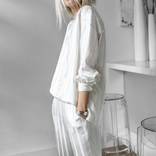 

ael drop shoulder sleeve loose blouse woman and elastic waist casual pant trendy stripe lady two piece set summer romantic, White