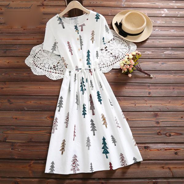 

dress cotton linen vintage summer women clothing o neck tree printed dress short sleeve loose casual vestidos, Black;gray