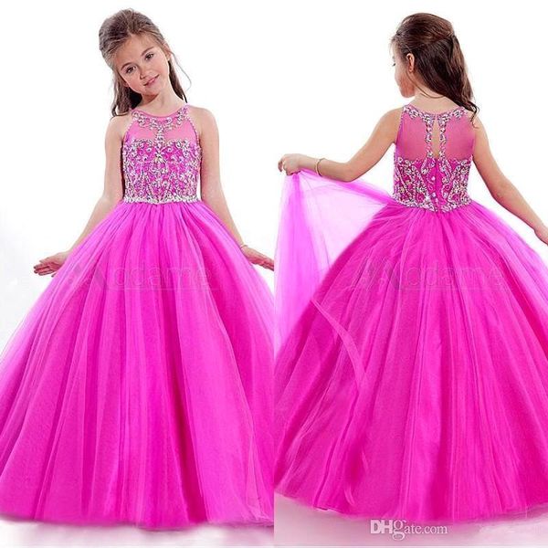 Fuchsia Meninas bonitas Pageant Vestidos Rachel Allen Sheer Jewel Neck com Appliqued frisada Pavimento Length Criança Pageant Bola Vestidos Vestido BO9955