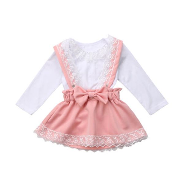 

newborn baby girl lace long sleeve romper pink bowknot skirt princess party outfit, White