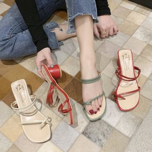 

slippers women 2020 summer toe mid-heel korean version metal decorative light and breathable ladies slippers, Black
