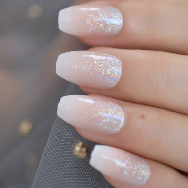 

holo glitter pink nude french ballerina coffin false nails gradient natural press on fake nails tips daily office finger wear, Red;gold