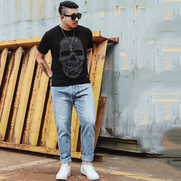 

2019 new men cuffs jeans skinny slim fit stretchy blue jeans big size s-xxxxxxl cotton midweight comfy hip hop denim trousers