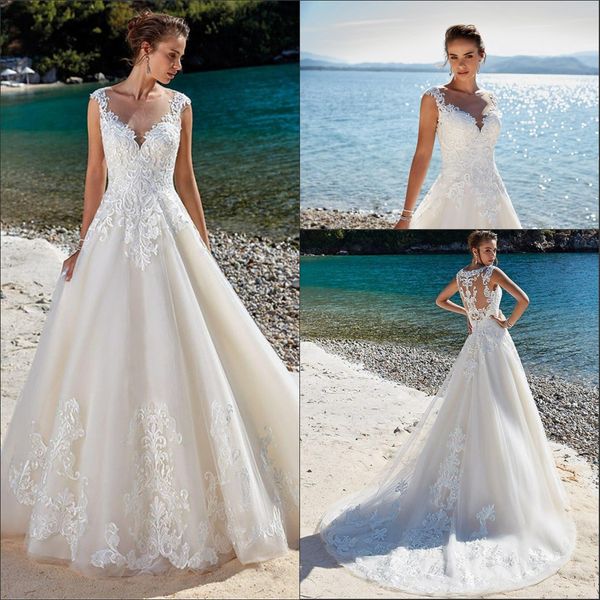 

sheer cap sleeves lace wedding dresses 2020 tulle applique sheer summer beach sweep train wedding bridal gowns, White