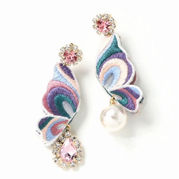 

xiao young embroidery butterfly rhinestone long earrings for women statement ab design simulated pearl fashion jewelry gifts, Golden