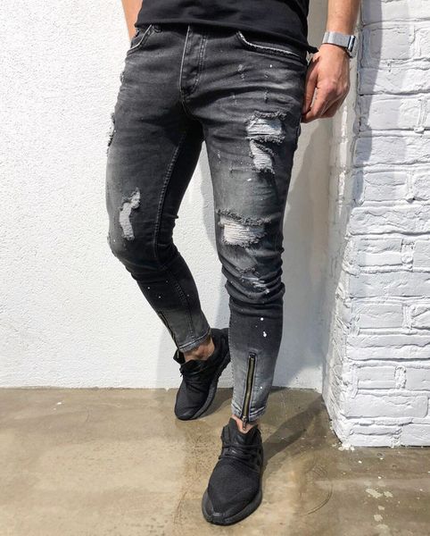 

europe and america new style men fashion with holes young man's jacket foot mouth zipper elasticity skinny men's jeans nk52, Blue