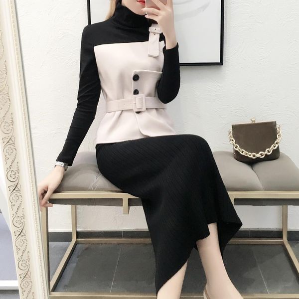 

patchwork coat knitting skirts women two piece outfits elegant thin skirt set conjunto feminino fashion year-old female costume, Gray