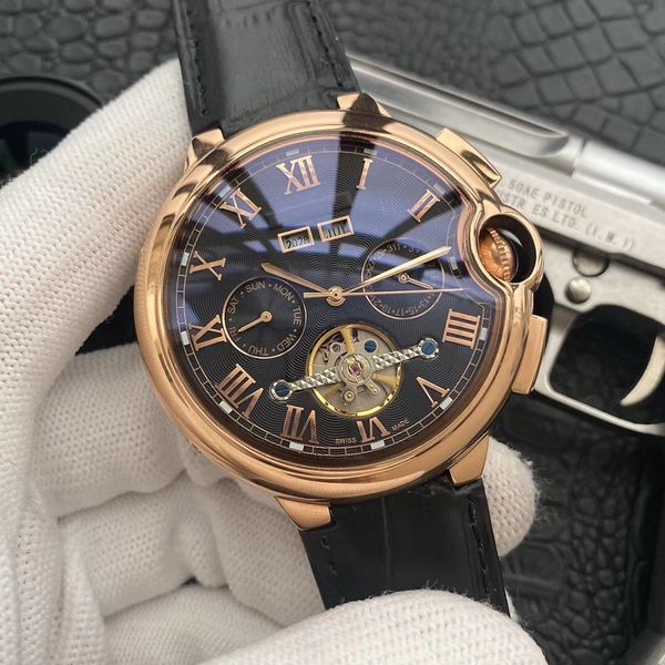 

wholesale fashion five needles flywheel luxury mens watches 43mm dial real leather watch automatic movement watches six colors, Slivery;brown