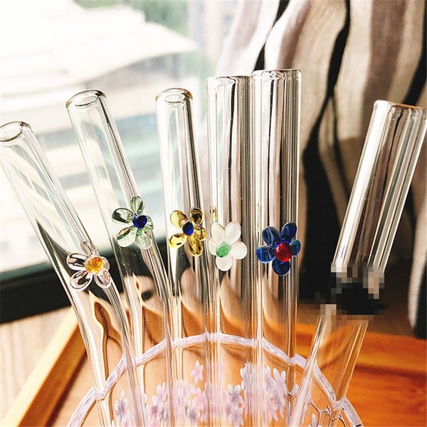 

5pcs/set colorled glass straw reusable drinking straws glass set with brush bag bent curved straws for juice