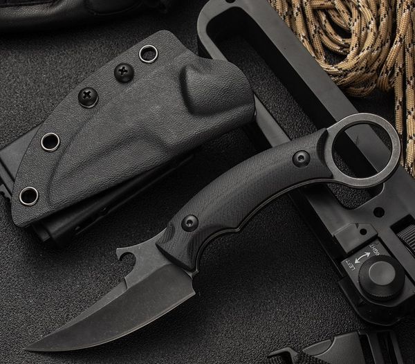 Coltello dritto da sopravvivenza all'aperto 1 pezzo D2 satinato / lama in pietra nera lavata G10 manico completo con Kydex