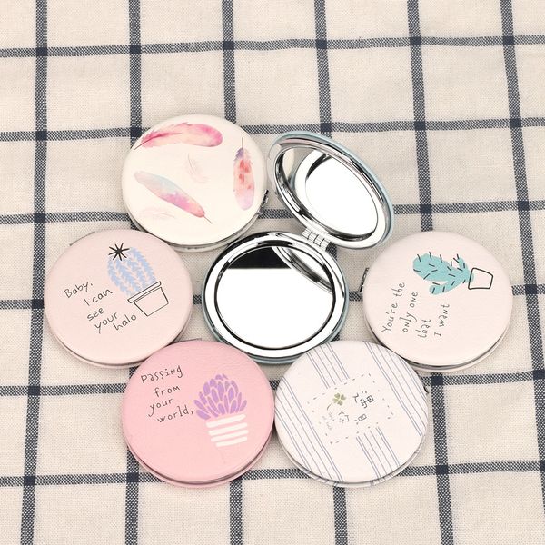 

pu leather small round mirror round circle two-sided folding girls mirror portable cat plant print make up