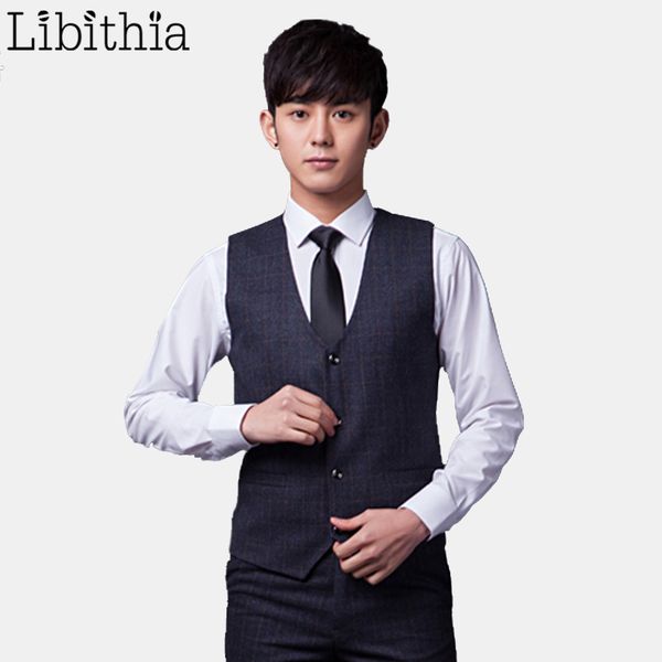 

libithia men plaid vest thick luxury suit vests dark grey khaki s-3xl, Black;white