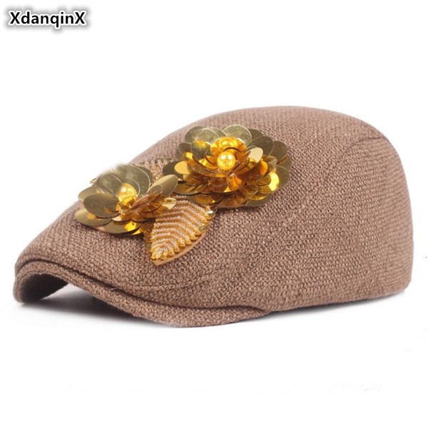 

xdanqinx women's hat beret national style fashion handmade hat flower headdress decoration tongue cap personality national, Blue;gray
