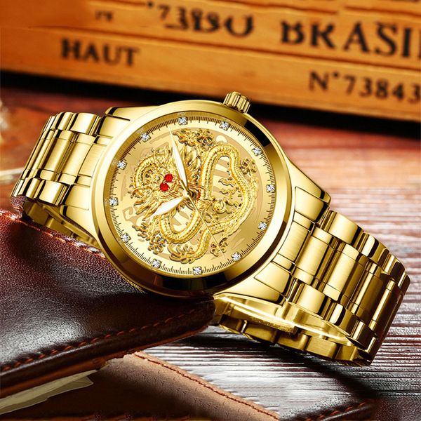 

luxury golden men's watches brand fashion 3d gold dragon quartz wrist watches man steel waterproof sports clock dropshipping, Slivery;brown