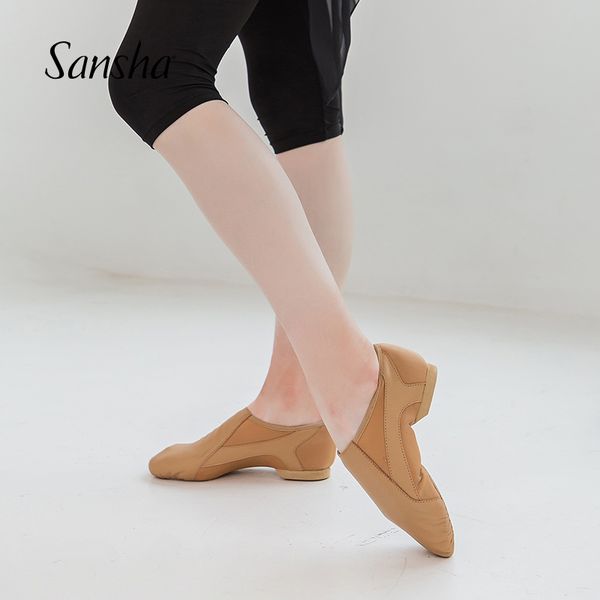 

sansha slip-on jazz shoes leather upper with stertch fabric dancing shoes js831lco