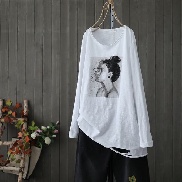 

бамбуковый хлопок с длинными рукавами женской футболки осенью литературной красотой стиля печать досуг средней длиной базы рубашки чистого х, White