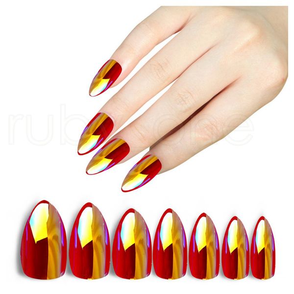 

fashion mirror chrome fake stiletto nails tips reflection false nail magic mirror effect almond fake nails rra2356, Red;gold