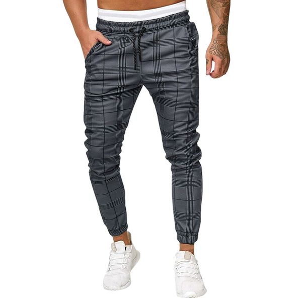 

high wasit spring summer fashion pocket men's slim fit plaid straight leg trousers casual pencil jogger casual pants, Black