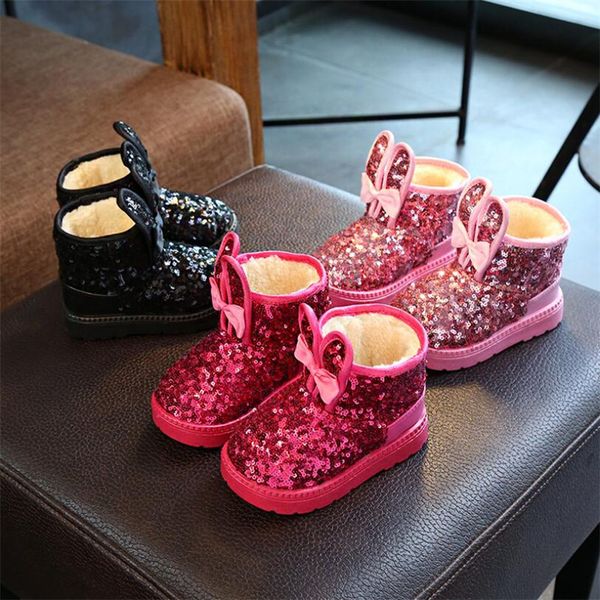

winter 2019 children boots girls sequins cotton baby warm shoes student girl snow boots cotton princess kids sneakers, Black;grey
