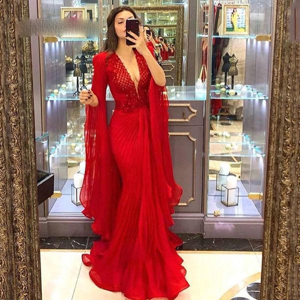 

deep v neck mermaid prom dress red with sleeves tulle plus size formal evening dresses long special occasion party gowns, Black;red