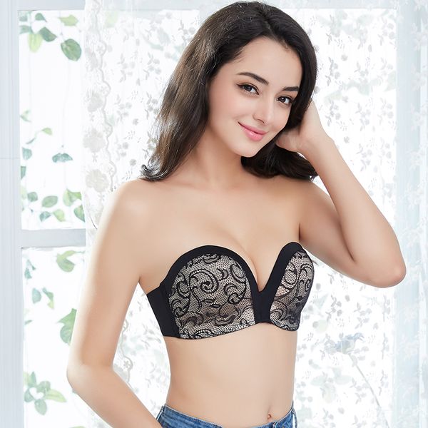 

lace invisible bras for women strapless bra push up backless lingerie 1/2cup bralette seamless brassiere female drop, Red;black
