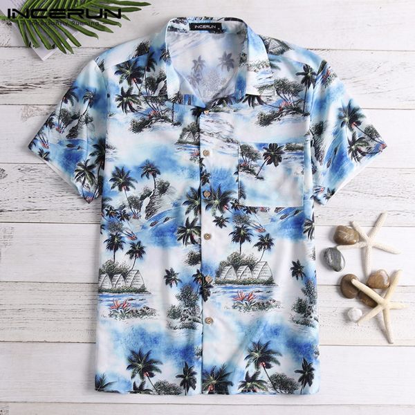 

incerun summer mens hawaiian shirt print short sleeve turn-down collar casual loose tropical beach shirts men chemse 2019, White;black
