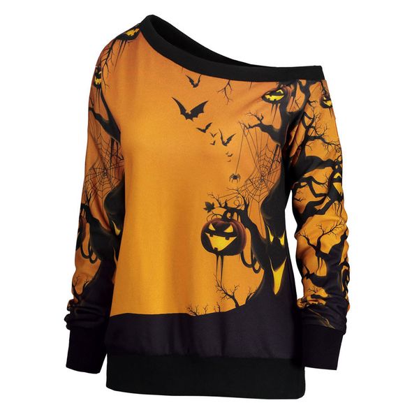 

women's tracksuits for women halloween party skew neck pumpkin print sweatshirt jumper pullover long sleeve autumn winter, Black