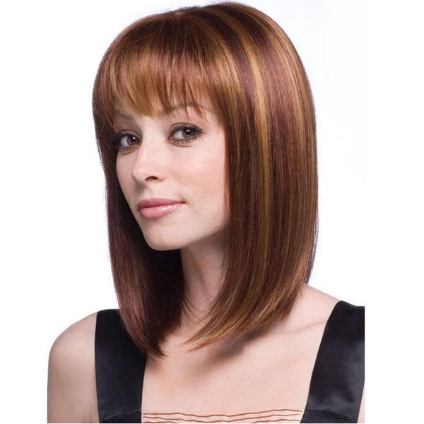 

women's bobo wigs straight short mixed brown/llight blonde mix color synthetic wigs 38 cm long lifelike and natural, Black