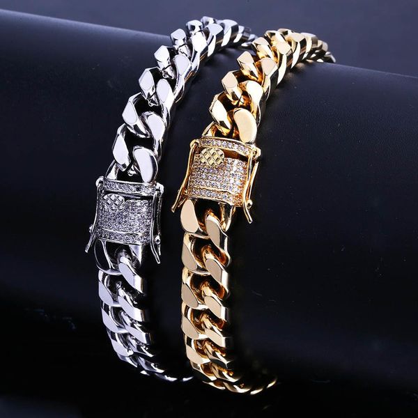 New Fashion Gold White Gold Mens Hip Hop Cuban Link Chain Bracciale Miami Rock Rapper Wristband Jewelry Catene da polso Regalo per ragazzi in vendita