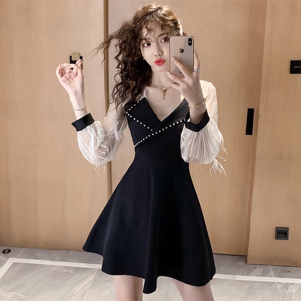 

french fairy dress womens 2020 early autumn new waist slimming design sense niche retro hepburn small black dress, White;black