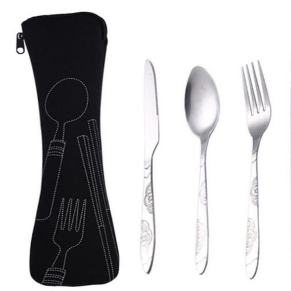 

knife fork spoon set cutlery set tableware dinner lunch set bags print carving stainless steel cutlery school picnic camping eating tool