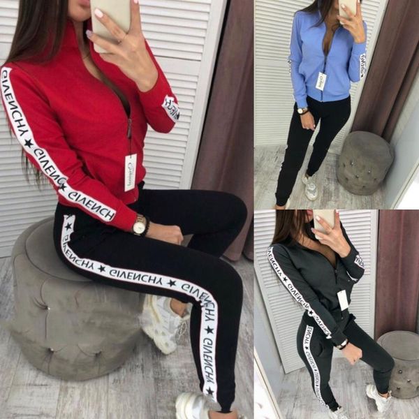 

two piece pants set women new autumn womens tracksuit set turn-down collar cross-border full new leisure with zipper, White