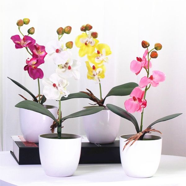 

artificial orchid flower + foam leaf + plastic vase simulation flower home decor bonsai gift phalaenopsis potted