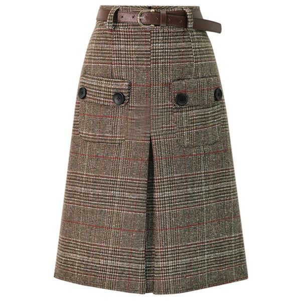 

wipalo vintage plaid skirt women casual office wear a-line skirts high waist belted party skirts winter spring warm clothing, Black