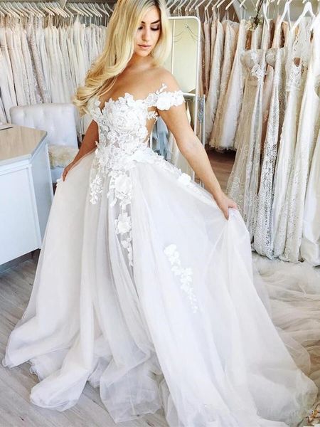 

lace country wedding dresses 2019 new custom robe de marriage court train applique a-line off-the-shoulder organza bridal gowns w61, White