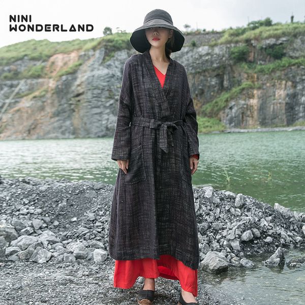 

nini wonder 2018 autumn women loose coat chinese style cotton long trench coats female lace up outerwear cardigan large size, Tan;black