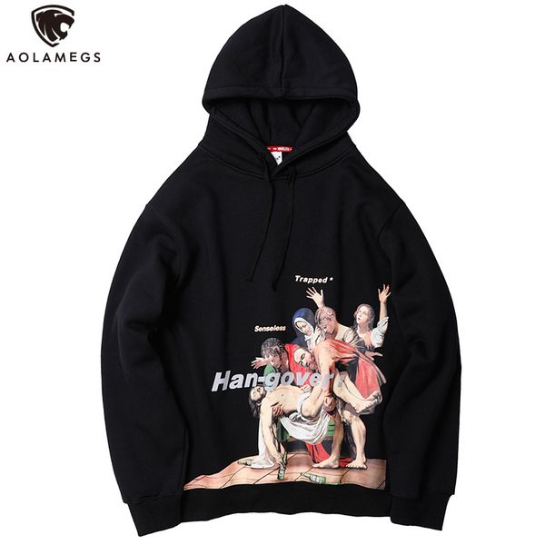 

aolamegs hoodies men retro painting printed hooded thick pullover harajuku advanced men fleece casual high street sweatshirt, Black
