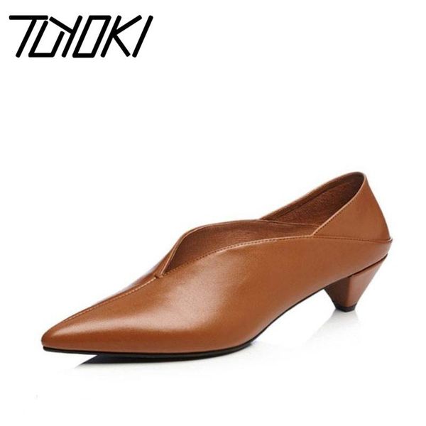 

tuyoki women high heel shoes real leather vintage pointed toe strange heels brand new designer footwear women pumps size 34-39, Black