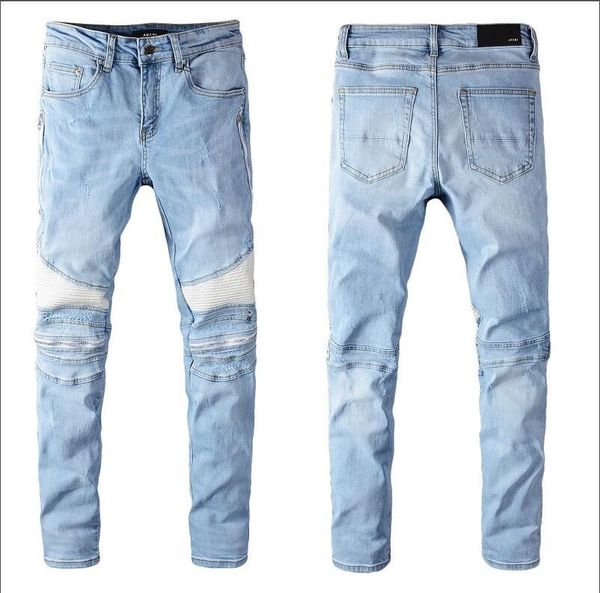 

202 designer jeans mens distressed ripped skinny trousers luxury clothes slim motorcycle moto biker hip hop mens ripped skinny jeans qs321, Blue