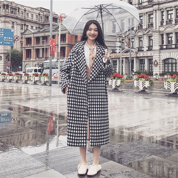 

streetwear plaid long wool coat single breasted wool blend coat and jacket turn-down collar women coats autumn winter, Black