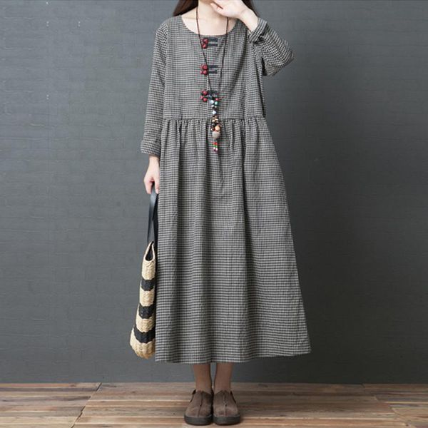 

designer dresses womens clothing autumn new vintage loose fashion cotton long sleeve and linen knee length plaid ethnic style clothes, Black;gray