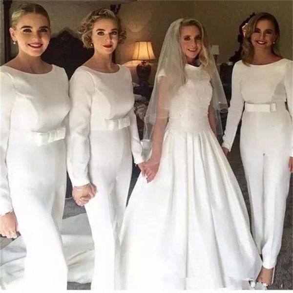 2019 Calças Brancas Macacão de Dama de Honra Vestidos Ternos de Bateau Bateau Pescoço de Manga Longa Outfit Evening Vestidos Com Arco de Cintura Vestido de Convidado do casamento