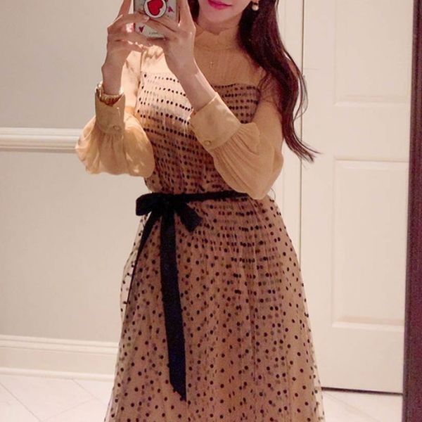 

cross border women's wear 2020 summer style korean style waistband tie hundred pleats point big dress fresh dress women, Red;yellow