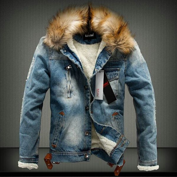 

fall-new arrival designer winter single breasted thick ripped men's jean jacket fur collar wool denim jacket mt117 z10, Black;brown