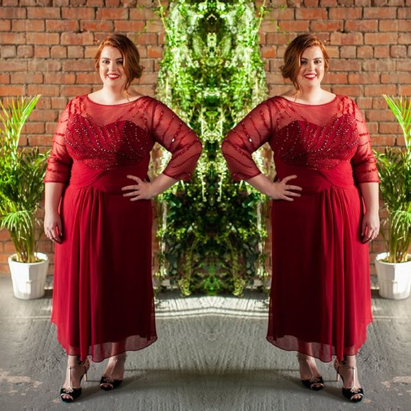 

modest plus a line mother of the bride dresses jewel 3/4 long sleeve crystal sequins mother dresses ankle length formal evening gowns, Black;red