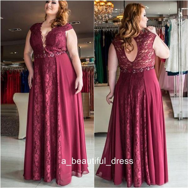 Dark Red Plus Size Prom Vestidos V Neck oco Voltar Manga Cap Chiffon Lace noite Comprimento vestidos de comprimento Vestido formal ED1235