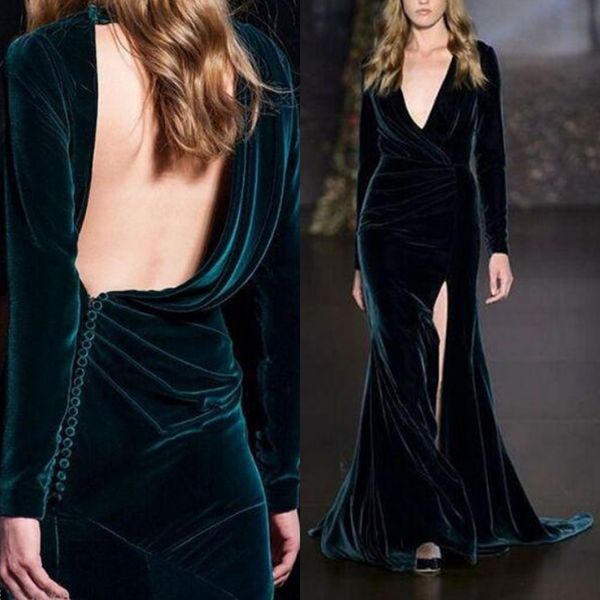 

2019 dark green velvet split mermaid prom dresses deep v neck backless long sleeve occasion formal party evening gown, Black