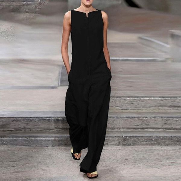 

fashion womens sleeveless jumpsuit loose pants pockets romper plus size s~5xl, Black;white