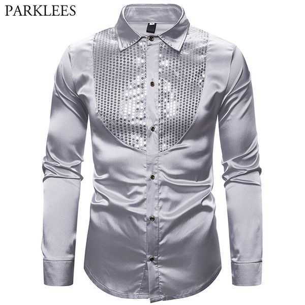 

silver shirt mens silk satin men dress shirt smooth comfortable men tuxedo shirts wedding party dance prom long sleeve, White;black
