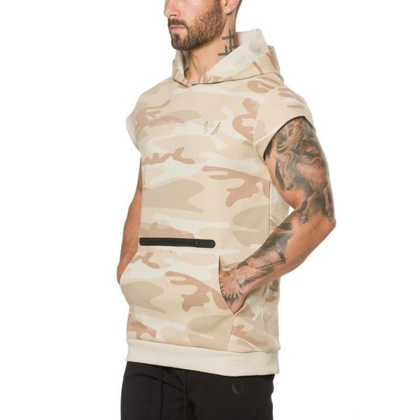 

compression muscle gym fitness short-sleeved camouflage sports hoodie running men's breathable workout waistcoat vest hoodie top, Black;blue